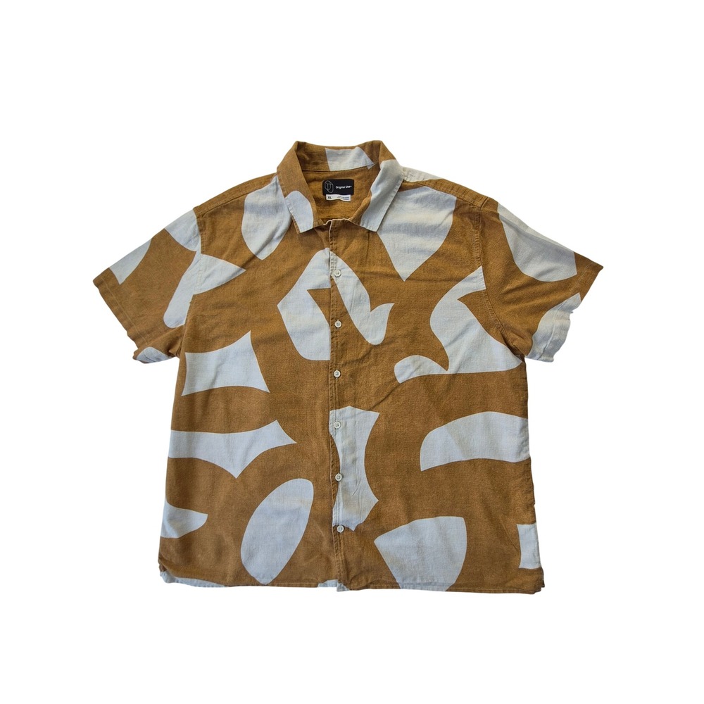 Original Use Mens XL Linen Blend Shirt Ochre Abstract Geometric Short Sleeve